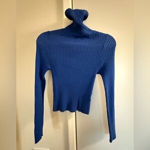 Blue Ribbed Cropped Turtleneck Sweater
